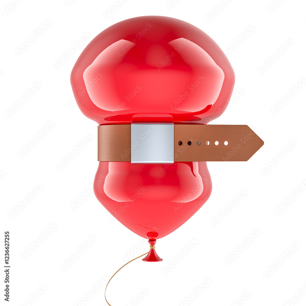 Aufkleber red balloon squeezed by belt. 3d rendering isolated on transparent background