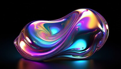 bold holographic liquid blob shape isolated iridescent wavy melted substance on black background