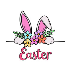Bunny with flowers and Easter calligraphy illustration.