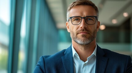 Fototapeta premium Confident businessman posing in a modern office, conveying professionalism and focus.