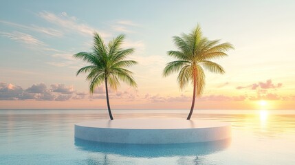 Serene Sunset Oasis With Two Palm Trees and Platform
