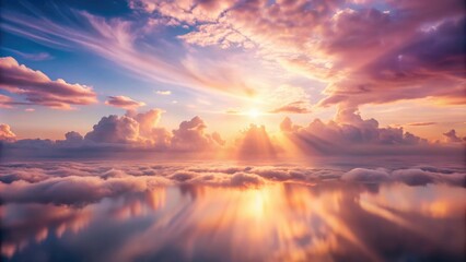 Obraz premium Soft pink light breaks through morning clouds, illuminating a serene landscape, misty, landscape