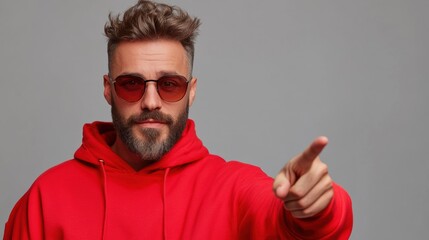 Naklejka premium Confident man in a red hoodie points with sunglasses, exuding a cool vibe.