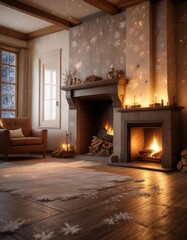 Softly lit room around a warm fireplace with snowflakes gently falling outside, frozen, soothing