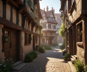 Fototapeta premium Soft morning light peeks through the gaps of half-timbered houses, rustic, farmhouses, hills