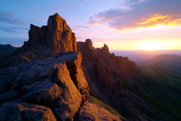 Obraz premium Majestic mountain peaks bathed in golden sunset light create breathtaking natural vista