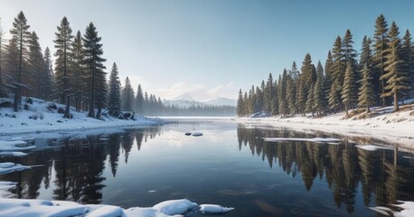 Fototapeta premium Snowy winter landscape with a frozen lake and pine trees, frozen, trees