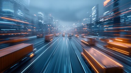Obraz premium Dynamic view of trucks moving through a modern urban landscape at night.