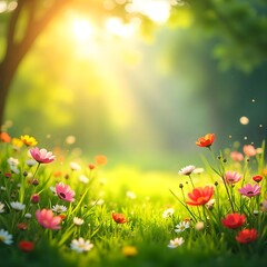 Sunlit Meadow of Blooming Flowers: A Serene Springtime Scene