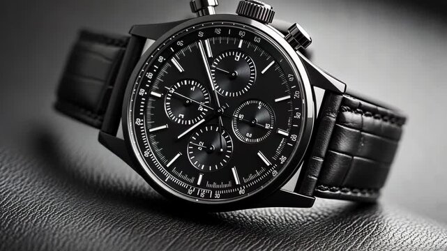 Elegant black chronograph watch on textured surface with soft lighting
