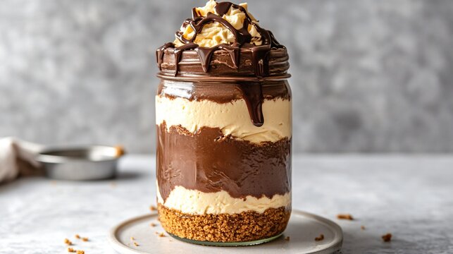 Chocolate cheesecake in a jar, with visible layers of graham cracker crust, creamy filling, and melted chocolate drizzle - Powered by Adobe