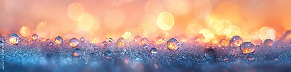 Poster abstract bokeh background with glowing orange. blue gradient and dew drops. macro photography