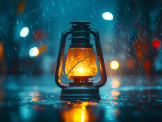 Rainy Night Illuminated by Vintage Lantern