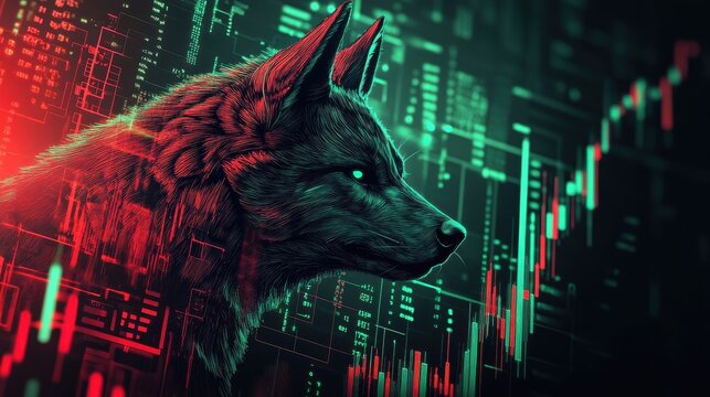 digital illustration presents a vibrant financial trading interface with glowing candlestick charts in red and green, set against a dark background, ideal for tech and investment content.