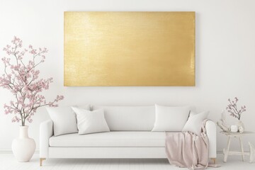 Modern minimalism shines in a serene space with a golden canvas and elegant decor