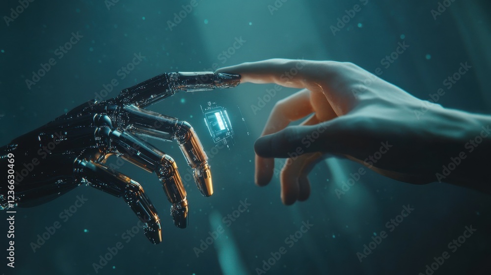 Poster ai, machine learning, hands of robot and human touching on big data network connection, data exchang