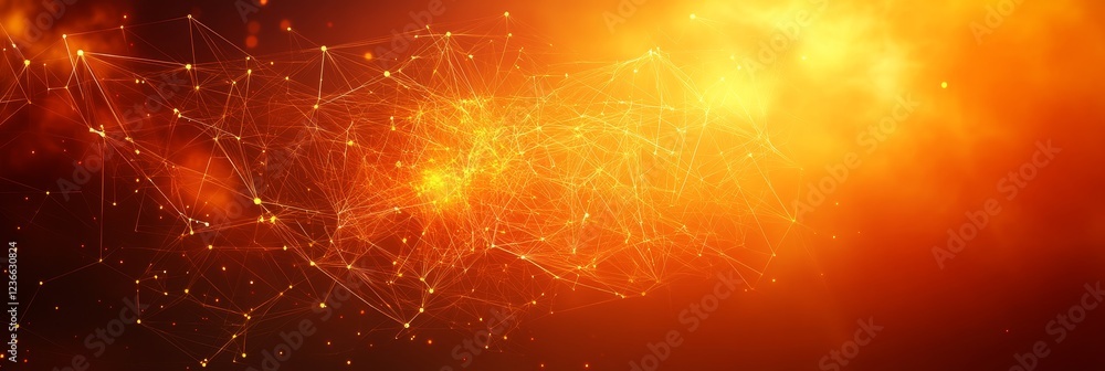 Poster golden network abstract background with interconnected nodes and edges, saturated colors on black