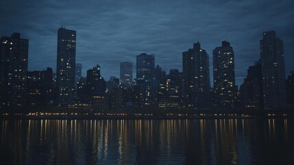 Fototapeta premium Nightfall over the City Skyline: A Serene Reflection