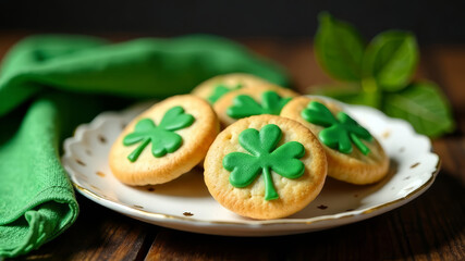 green clover trefoil cookies on a white plate, St. Patrick's Day treat, copy space