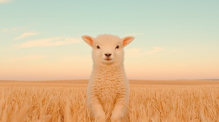 Obraz premium Lamb standing in wheat field, sunset