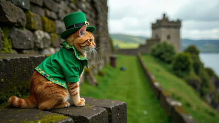 A red cat in leprechaun green and gold costume, hat sits near the wall of an old castle in Ireland, st. patrick's day, postcard, copy space