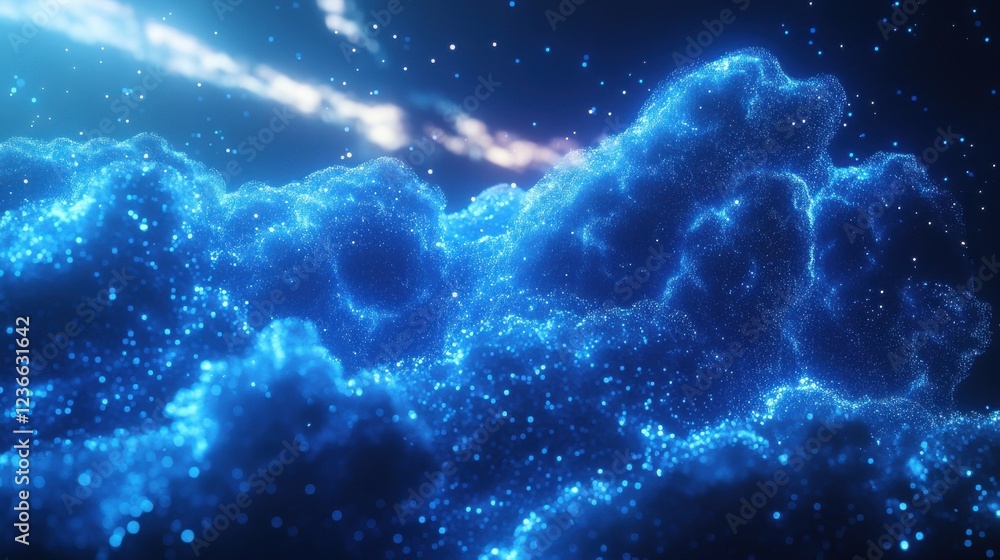 Poster cloud computing visualization in a server room, data flowing as glowing blue particles, high-tech in