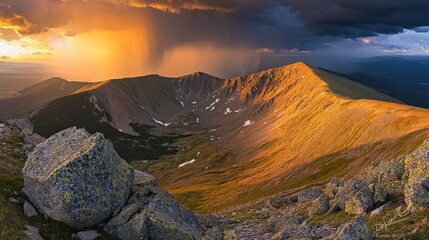 Fototapeta premium Golden Mountain Sunset Dramatic Rain Cloudscape