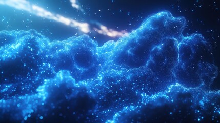 Cloud computing visualization in a server room, data flowing as glowing blue particles, high-tech infrastructure for digital storage and processing