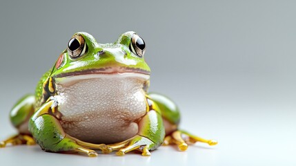 Fototapeta premium Green frog portrait, studio shot, neutral background, nature imagery