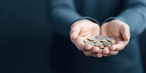 Hands Holding Stacks of Coins Against Dark Background