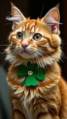 Portrait of a red cat with green trefoil brooch, vertically, St. Patrick's Day