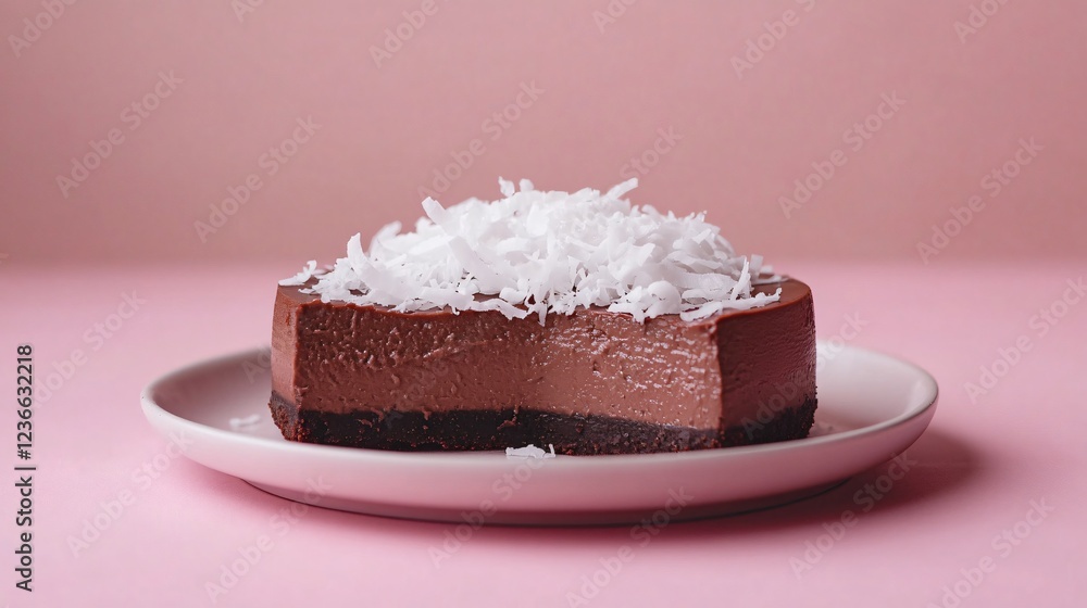 Poster Vegan chocolate cheesecake topped with fresh coconut flakes, arranged on a ceramic dish, with a subtle pastel background