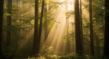Obraz premium Sunbeams Through Forest Trees Morning Sunlight Landscape