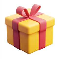 Bright yellow gift box with red ribbon bow isolated on white background