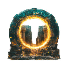 Portal Ring with Shimmering Energy Patterns and Fire Sculpture Isolated on Transparent Background