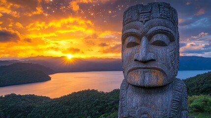 Traditional Maori carving on top of the hill with valley and sunset on the background