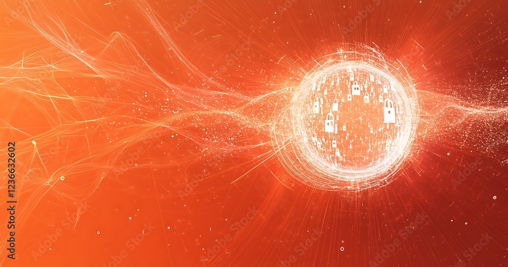 Poster global cybersecurity network. orange abstract background with glowing lines and padlock icons formin