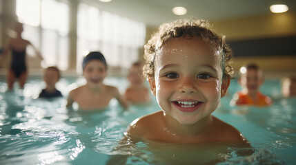 Children Enjoying Swimming Lessons in a Bright Indoor Pool While Having Fun and Learning Water Safety Skills