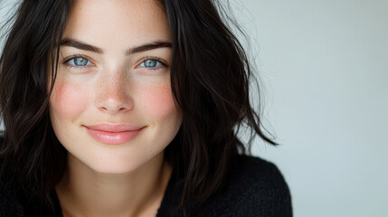 Smiling Young Woman With Natural Beauty and Radiant Blue Eyes in a Minimalist Indoor Setting During Daylight Hours