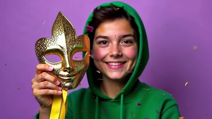 Mardi gras background with A young boy is holding a gold mask and smiling. The image has a festive and playful mood, as the boy is dressed in a green hoodie and holding a mask. The bright colors of - Powered by Adobe