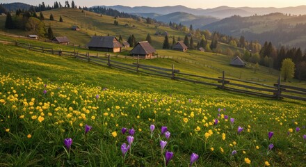 Fototapeta premium Scenic Mountain Village Meadow Sunset Landscape with Blooming Flowers