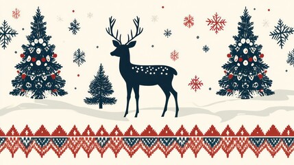 Silhouette of deer amidst snow-covered Christmas trees and snowflakes, featuring a knitted border.