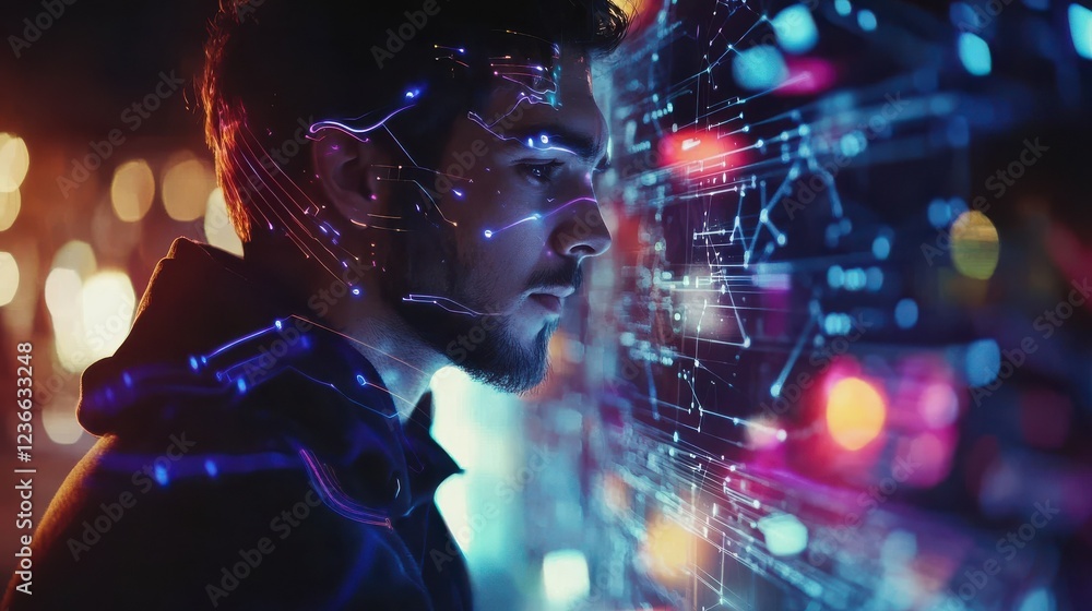 Poster man using an advanced computer with glowing holographic internet networks, big data analytics tools,
