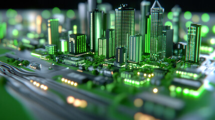 Futuristic Cityscape at Night Illuminated by Green Lights With a Modern Architectural Design Showcasing Innovation and Technology