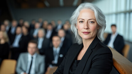 Confident Businesswoman Speaking to a Professional Audience During a Corporate Event in a Modern Conference Hall