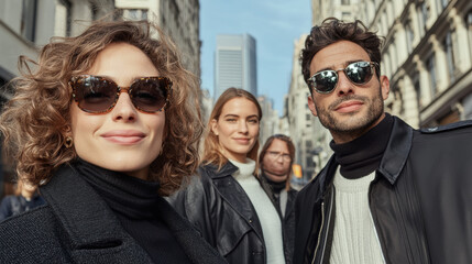 Group of Stylish Friends Enjoying a Day in the City While Wearing Sunglasses and Posing on a Bustling Street Filled With Tall Buildings and Modern Architecture