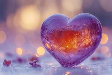 Red heart-shaped figurine on a white surface, surrounded by blurred yellow and pink lights, creating a dreamy, romantic Valentine's Day atmosphere with a purple gradient background.