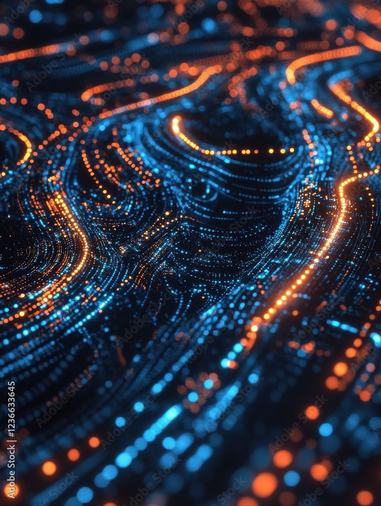 Poster a vibrant visualization of digital data streams, showcasing blue and orange patterns against a dark 