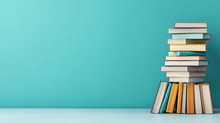 Creatively Assembled Stack of Colorful Books Against a Bright Teal Wall