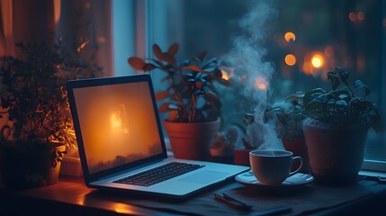 Dimly Lit Laptop Desk with Cozy Lo Fi Playlist and Steaming Tea